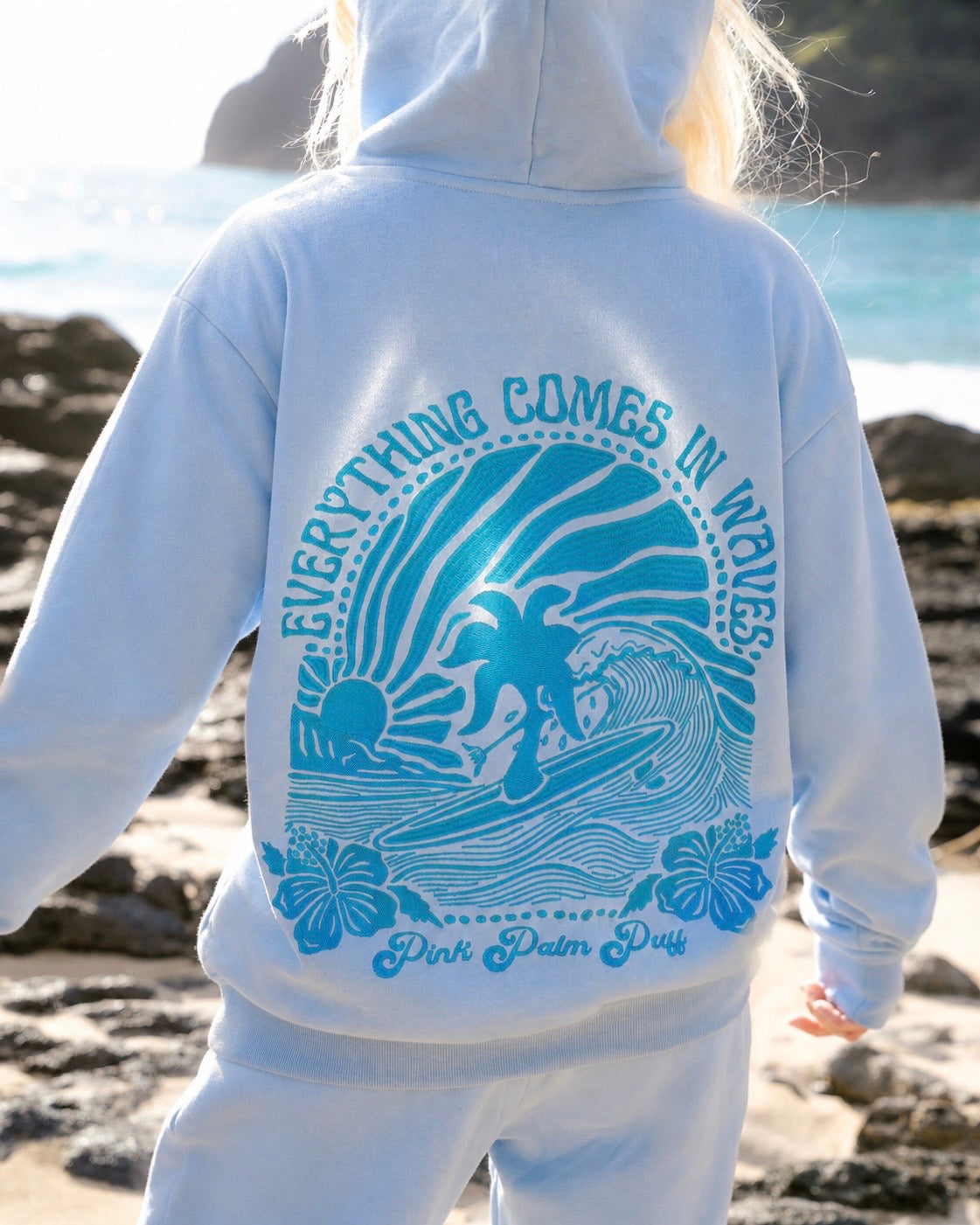 Pink Palm Puff Everything Comes in Waves Hoodie