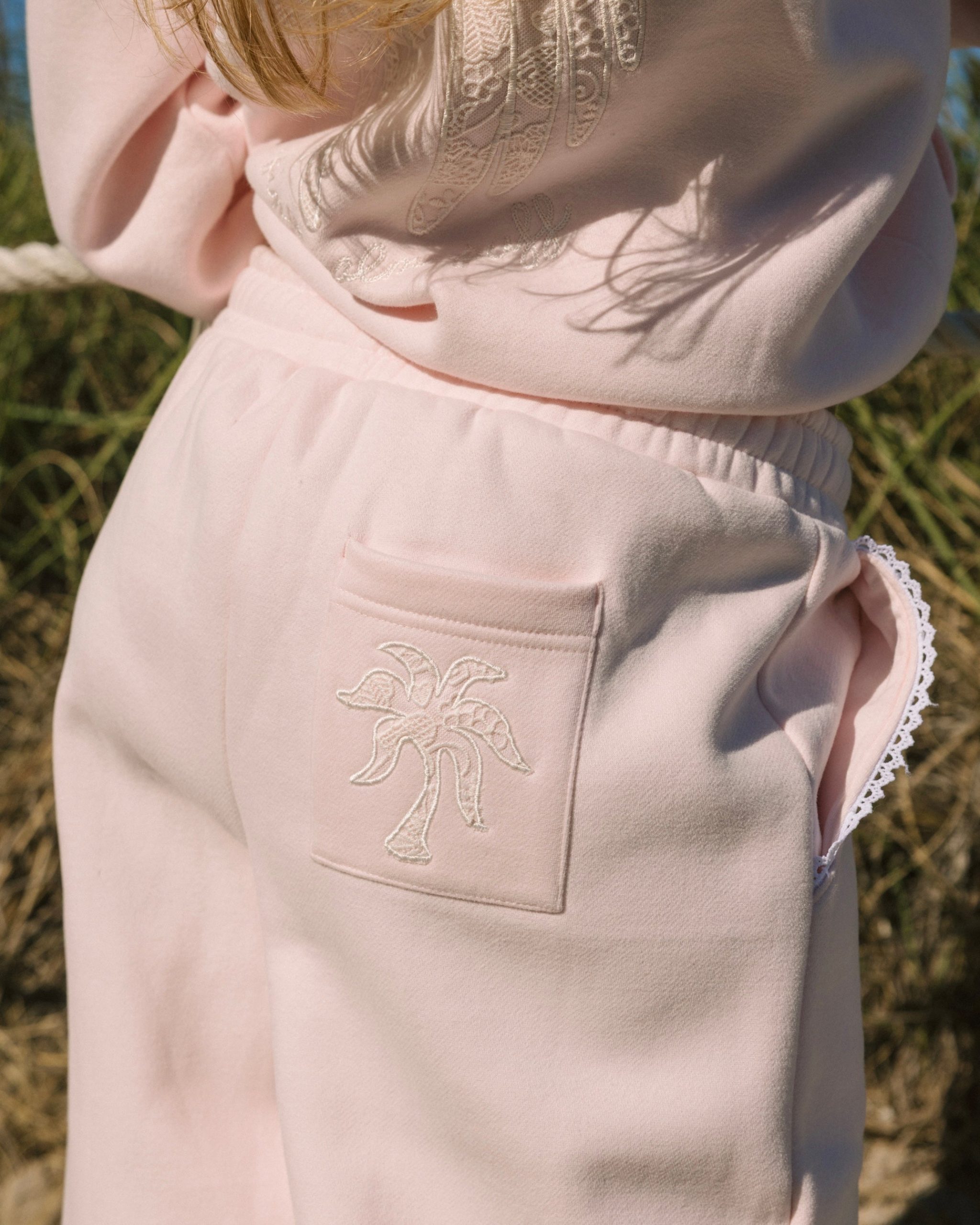 Pink Palm Puff Lacy Wideleg Sweatpants